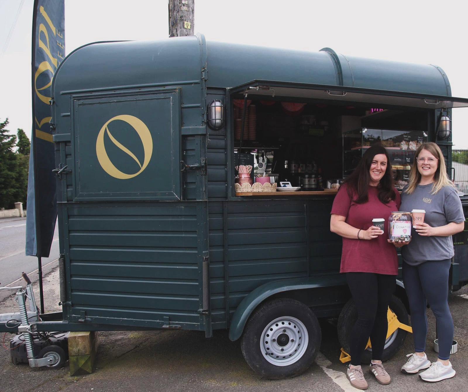 Phoebe and Rachael outside the Kopi Coffee horsebox van
